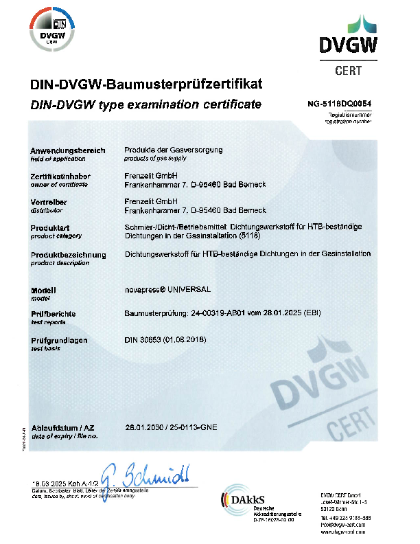 Prüfzertifikat DVGW HTB DIN 30653 novapress® UNIVERSAL Prüfzertifikat DVGW HTB DIN 30653 novapress® UNIVERSAL