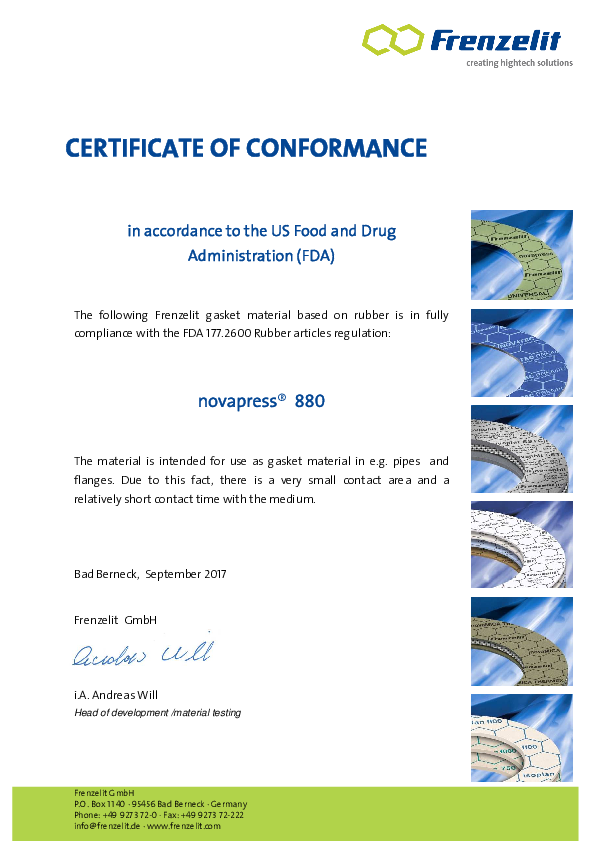 Certificate of Conformance FDA novapress® 880