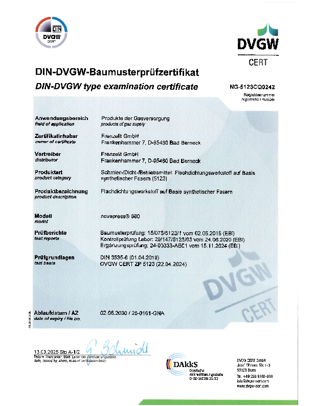 Prüfzertifikat DVGW novapress® 880 Prüfzertifikat DVGW novapress® 880