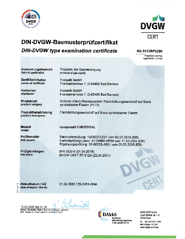 Prüfzertifikat DVGW novapress® UNIVERSAL Prüfzertifikat DVGW novapress® UNIVERSAL
