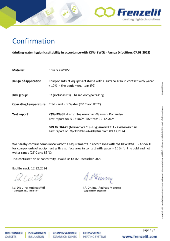 Confirmation Trinking Water acc. KTW BWGL novapress® 850