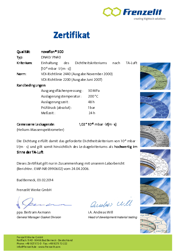 TA Luft Zertifikat 200°C novaflon® 500