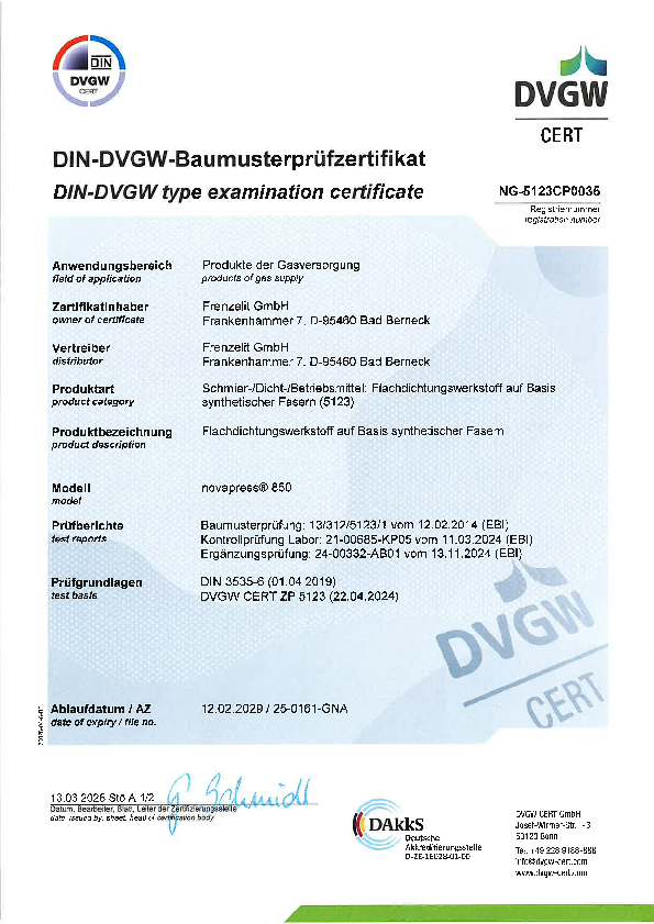 Prüfzertifikat DVGW novapress® 850 Prüfzertifikat DVGW novapress® 850