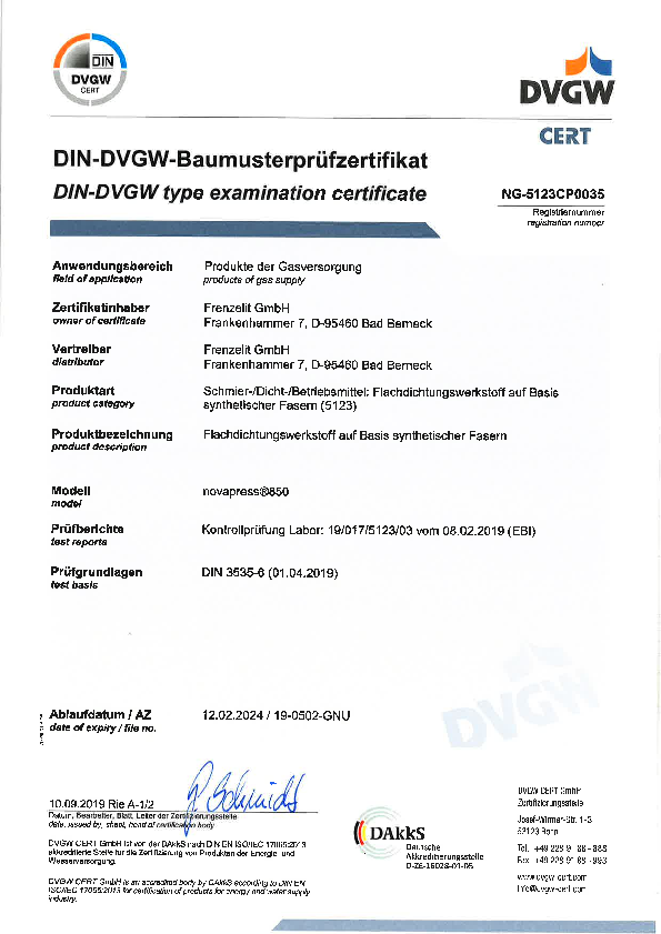 Prüfzertifikat DVGW novapress® 850