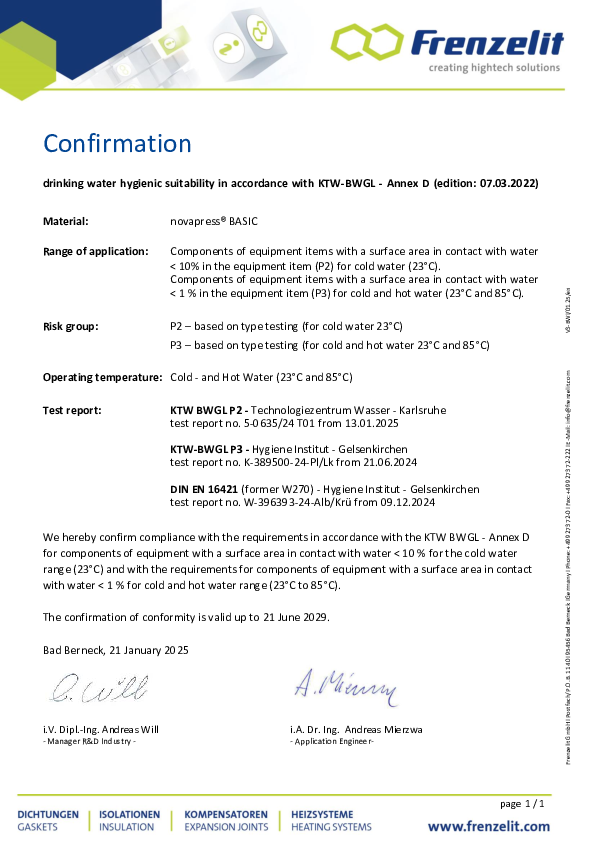 Confirmation Trinking Water acc. KTW BWGL novapress® BASIC