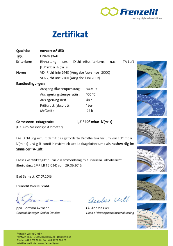 TA Luft Zertifikat novapress® 850