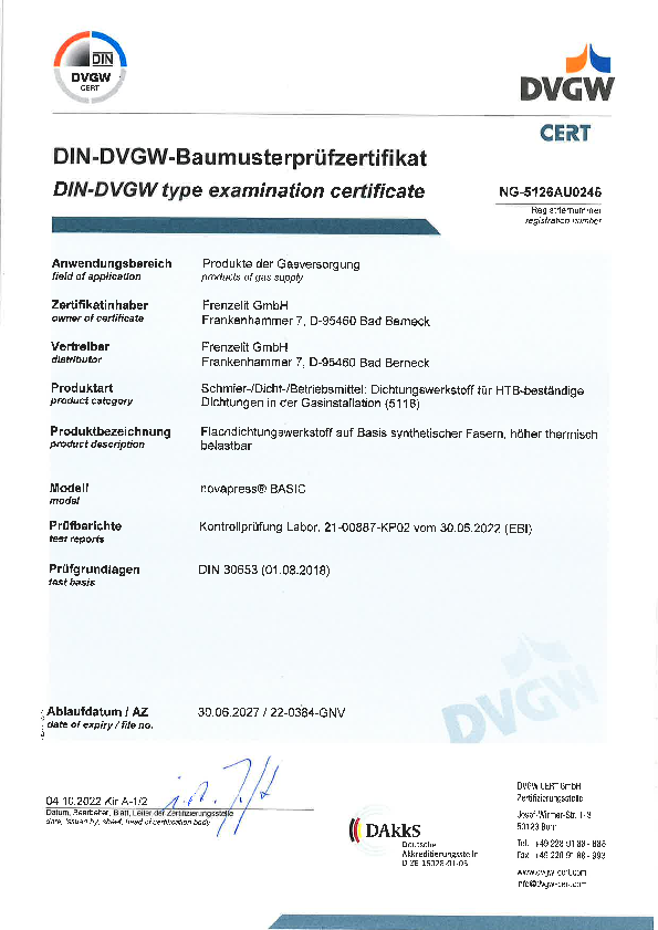 Prüfzertifikat DVGW HTB DIN 30653 novapress® BASIC