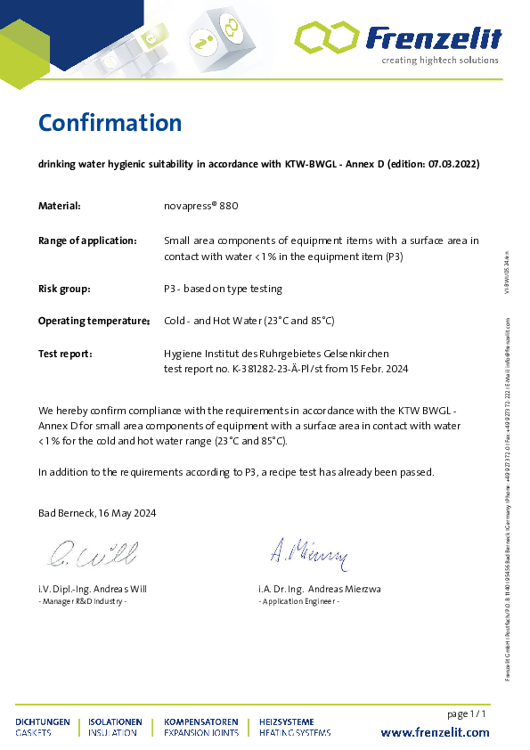 Confirmation Trinking Water acc. KTW BWGL novapress® 880