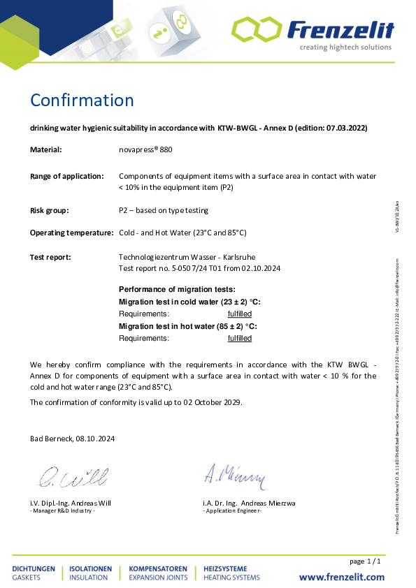 Confirmation Trinking Water acc. KTW BWGL novapress® 880