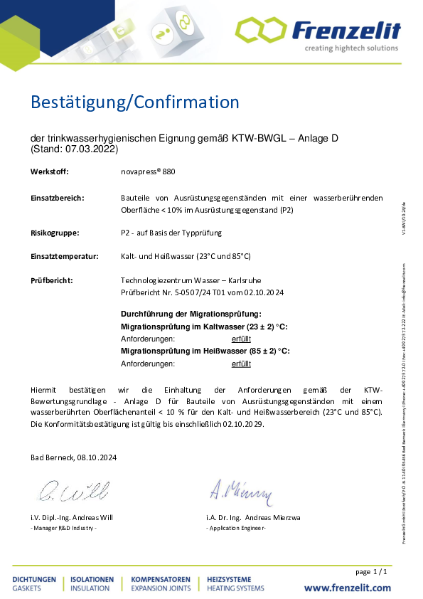 Trinkwasserkonformität gem. KTW BWGL novapress® 880